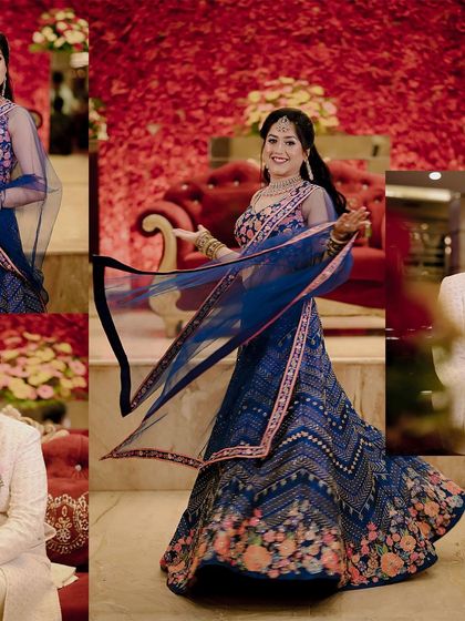 A collage capturing the bride's playful twirl and the couple's portraits.