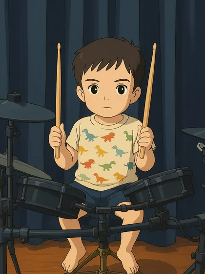 A cute Ghibli style drawing of a young boy at a drum kit, ready to play. This captures the innocence and excitement of starting a new instrument.