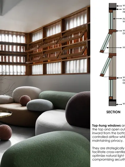 Great design is both beautiful and intelligent. This technical drawing explains how we use custom top-hung windows to facilitate cross-ventilation and optimize natural light, a key strategy in my passive cooling architecture approach.