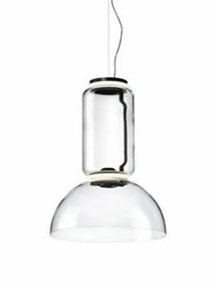 This Flos Noctambule inspired pendant is composed of stacked glass modules, a low cylinder, and a bowl. The transparent design makes it almost invisible during the day, while at night it transforms into a luminous glass sculpture.