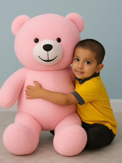 A quiet moment with our gentle giant, Pinky Teddy. Mascot visits are a fantastic photo opportunity and create magical memories for the little ones.