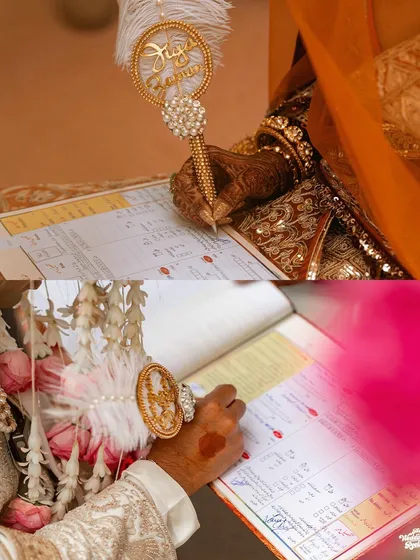 The signing of the marriage register, a significant moment for this multicultural couple, captured with a focus on their beautifully adorned hands.