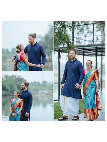 A collage capturing the joy and playfulness of a couple in traditional outfits. These photos show that even in formal wear, we can capture fun and candid moments.