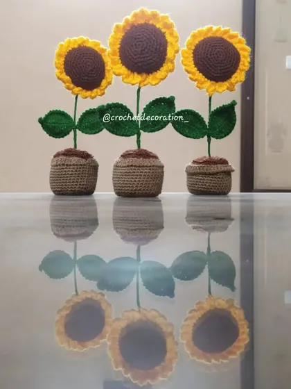 Three of our large sunflower pots lined up, with their reflections creating a beautiful image.
