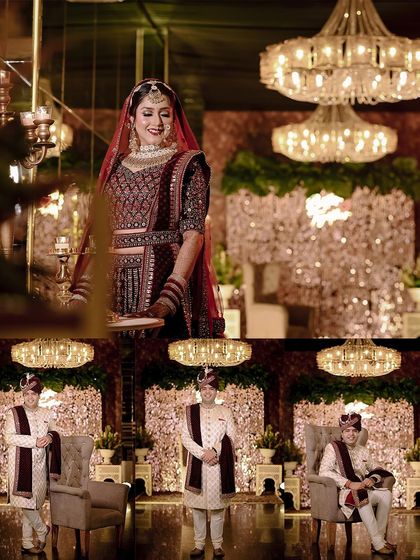 A collage showing the bride's portrait and the groom waiting on the stage. This composition tells a story of anticipation and the beautiful setup of the wedding venue.