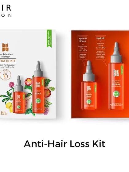 The Root Deep Anti-Hair Loss Hydroil Kit is a 50-day therapy system designed to fight hair fall and reverse thinning by nourishing the scalp and hair roots.