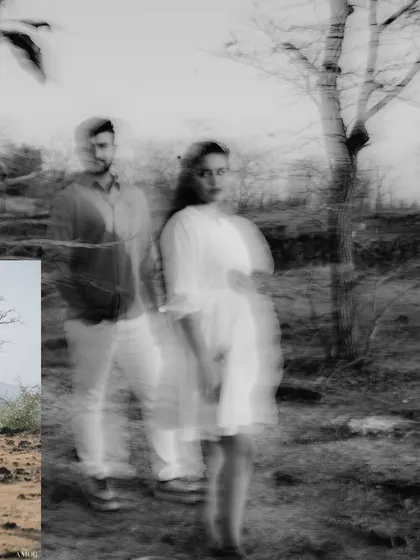 An experimental black and white photo using motion blur to create a ghostly, ethereal effect. This artistic approach is for couples looking for something truly unique and unconventional.