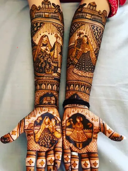 A full bridal design featuring multiple scenes and figures, including a bride in a doli and another in a traditional pose, creating a rich visual narrative.