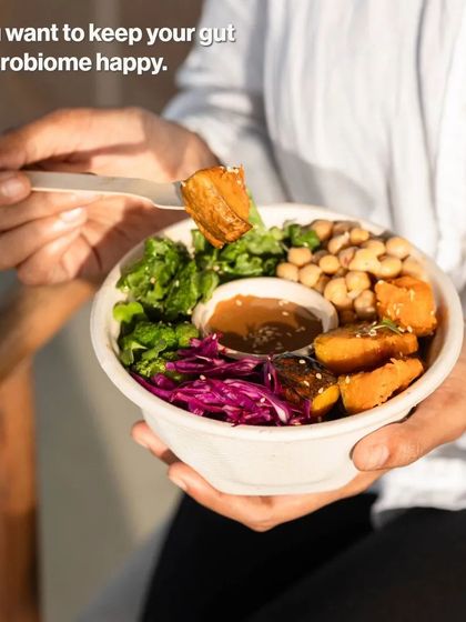 We create food to keep your gut microbiome happy. This bowl is filled with fibre from sweet potatoes, chickpeas, and fresh greens, along with a peanut dressing for healthy fats.
