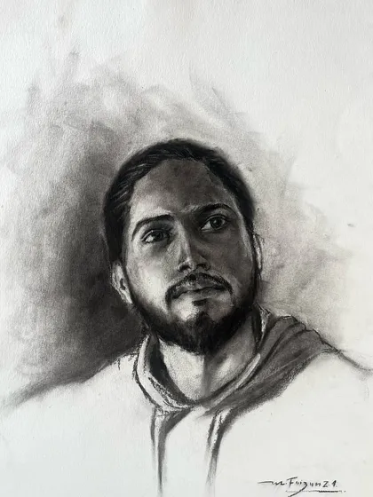 A live portrait done in charcoal. There's a special energy when you're drawing someone in person. This sketch captures the subject's personality through his direct gaze and subtle expression.