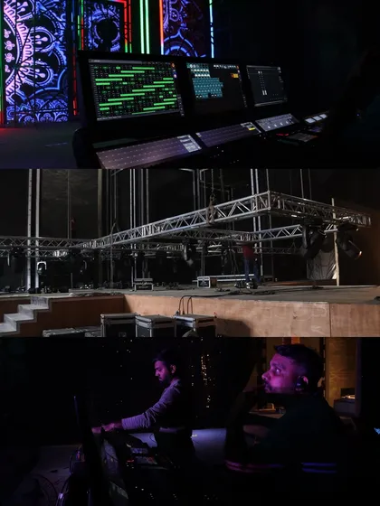 A behind-the-scenes collage from 'Devi Aai', showing our lighting and LED operators at their control consoles. This gives a glimpse of the technical team that executes these complex visual sequences live on set.