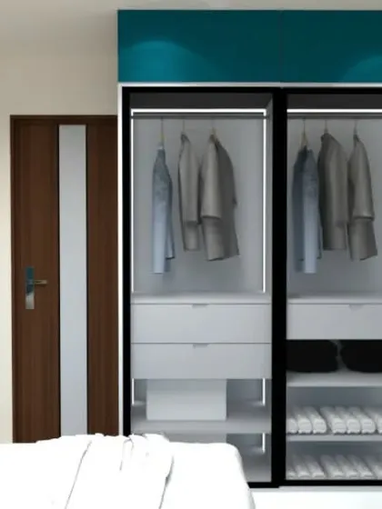 A 3D render of a kids' room with a glass-door wardrobe and a wall-mounted TV.