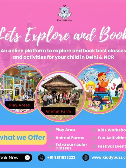 Let's explore and book! This graphic is a simple, clear invitation for parents to use our online platform to find the best classes and activities for their child in Delhi & NCR.