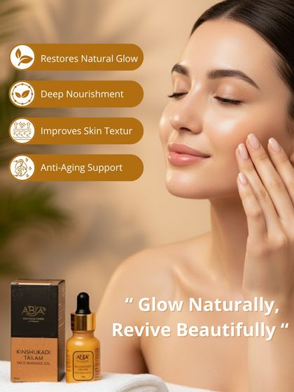 "Glow Naturally, Revive Beautifully." My Kinshukadi Face Massage Oil is formulated to restore natural glow, provide deep nourishment, and offer anti-aging support.