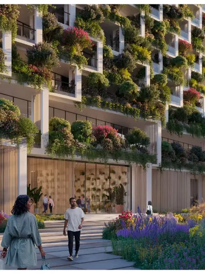 The verdant facade of Sky Gardens, with cascading plants and flowers, creates a vibrant vertical landscape in the heart of Hyderabad.