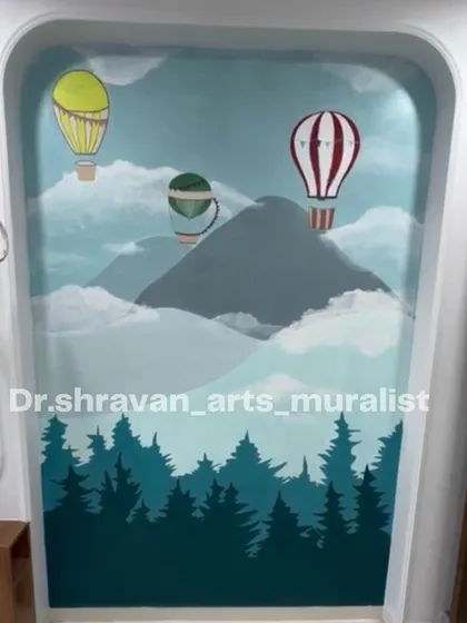 A simple yet charming mural for a kid's room nook, featuring hot air balloons floating over a misty mountain forest. It creates a cozy and imaginative little corner.