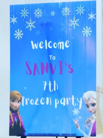 A custom welcome sign for Sanvi's 7th Frozen-themed party, greeting guests with their favorite characters.