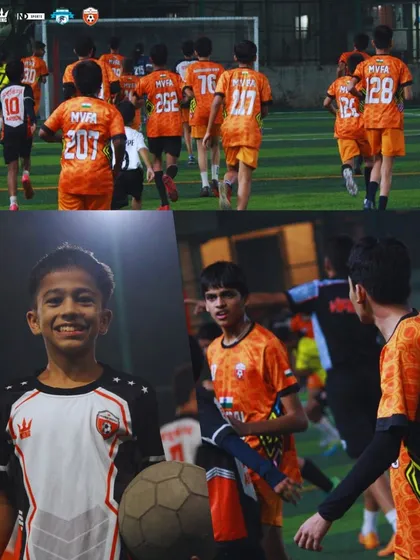 Hustle. Grind. Dominate. A collage capturing the spirit of our older players during training and matches.
