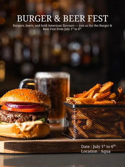 Announcing our Burger & Beer Fest at Aqua. We host themed food festivals poolside, offering bold American flavors and a great selection of beers in a casual, fun setting.