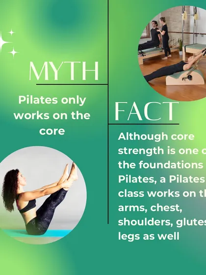 Myth: Pilates only works on the core. Fact: While core is a foundation, a Pilates class is a full-body workout, targeting your arms, chest, shoulders, glutes, and legs.