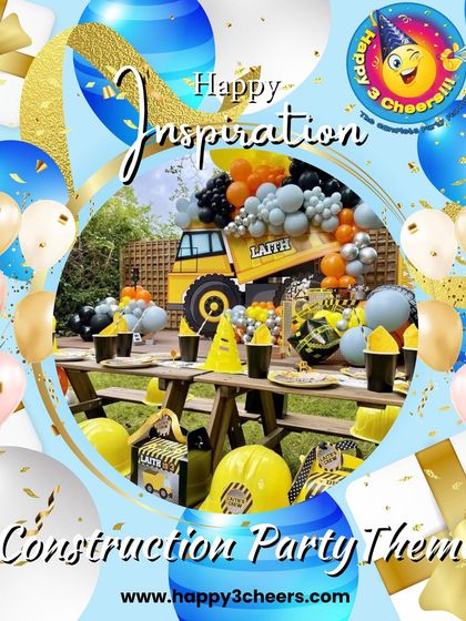This graphic shows a construction party theme I can create. The setup includes a picnic table with caution-themed tableware, hard hats for the kids, and a backdrop featuring a dump truck made of balloons.
