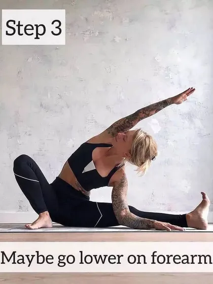 As you become more flexible, you can try going lower onto your forearm. This is the third step, which intensifies the side body stretch. Remember to move slowly and listen to your body.