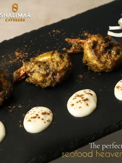 Welcome to the perfect seafood heaven. These succulent prawns are seasoned and cooked to perfection, then artfully plated with a creamy sauce, showcasing our skill with delicate flavors.