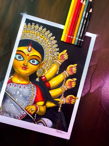 A vibrant colored pencil drawing of Durga Maa. For this piece, I used bold colors and intricate details on the jewelry and crown to create a powerful and traditional portrait.