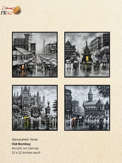 A set of four monochrome paintings of 'Old Bombay' by Nanasaheb Yeole, capturing the city's heritage landmarks with a touch of color.