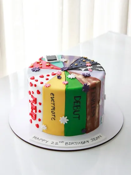 For the ultimate Swiftie, I created a cake that celebrates every iconic Taylor Swift era. Each segment of the cake represents a different album, from the bold colors of "Lover" and "Red" to the moody aesthetic of "Reputation" and "Folklore," all handcrafted with edible details.