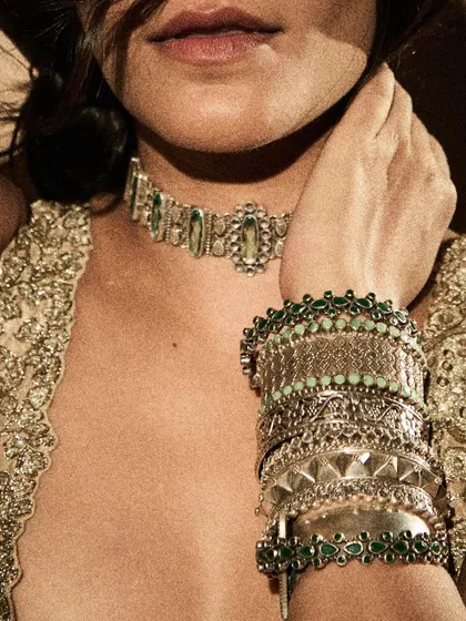It's all about the details. A close-up of the intricate silver choker and stacked bracelets from Sangeeta Boochra, styled on Srishti Shrivastava for her dreamy sharara look.
