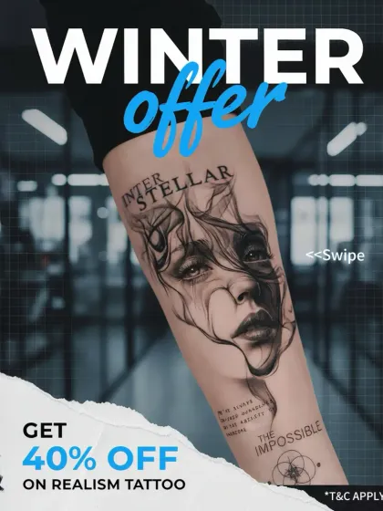 A winter offer of 40% off on realism tattoos. This is a great opportunity to get a highly detailed, lifelike piece of art at an amazing price.