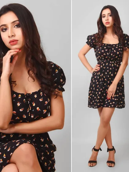 A two-shot collage showing a model in a short floral dress, seated and standing. This provides a comprehensive view for online shoppers.