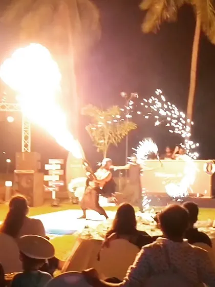 My crew brings the heat with intense flame throwers and pyrotechnic effects. This shot captures the raw energy of a live outdoor performance, where we combine massive flames with synchronized spark showers for a jaw-dropping finale.