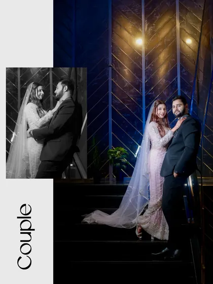 A stylish couple portrait collage, mixing a color shot with a romantic black and white inset. This shows the versatility of capturing the same moment in different artistic styles.