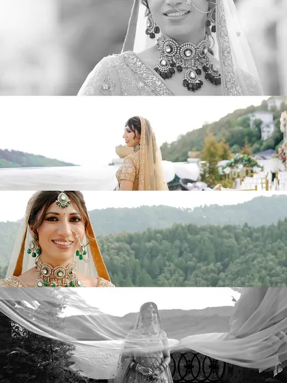 A collage of the bride at her scenic wedding, featuring close-ups, black-and-white shots, and a beautiful image of her veil flowing in the wind against the mountain view.