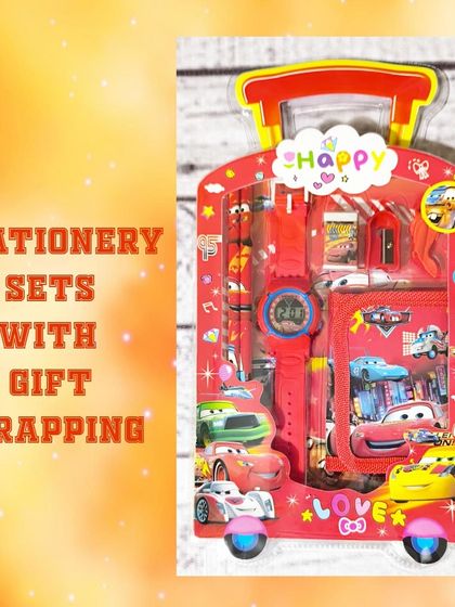 A close-up of the Cars-themed stationery set, which includes a watch, wallet, pencils, and more, all in a fun trolley case.