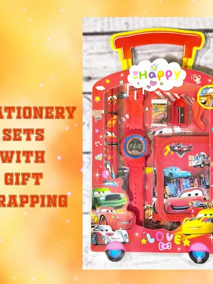 A close-up of the Cars-themed stationery set, which includes a watch, wallet, pencils, and more, all in a fun trolley case.