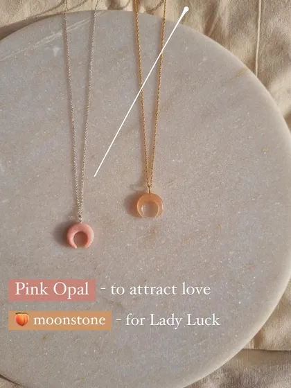 A look at two of my most popular moon pendants side by side. The pink opal on the left is for attracting love, while the peach moonstone on the right is for inviting luck and good fortune.