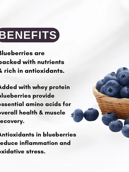 Here are the benefits of my Blueberry Whey Protein Shake. Blueberries are packed with antioxidants, and whey protein provides essential amino acids for muscle recovery.