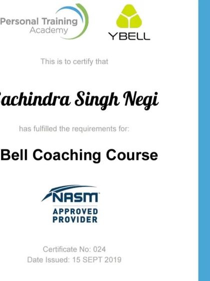My YBell Coaching Course certificate, an NASM-approved provider, specializing in this versatile piece of functional training equipment.