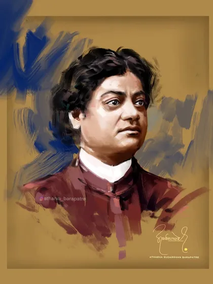 A signed version of my Swami Vivekananda portrait. The expressive brushwork and my signature mark this as a completed piece of devotional art honoring a great spiritual leader.