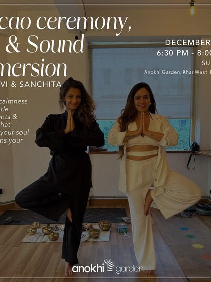 We invite calmness with gentle movements and sounds that soothe your soul. This Cacao Ceremony, Yin, and Sound Immersion is a heart-opening experience with Kavi and Sanchita.