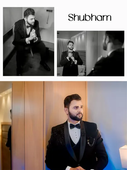 A collage of the groom getting ready, including moments of him adjusting his bowtie and looking in the mirror. These are the small, important details of the day.