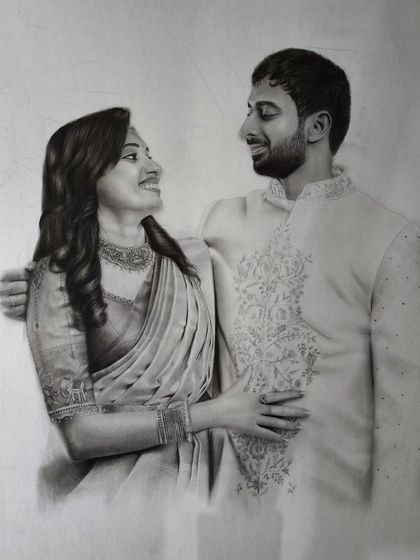 A progress shot of a couple portrait, showing the bride's face and saree fully rendered.