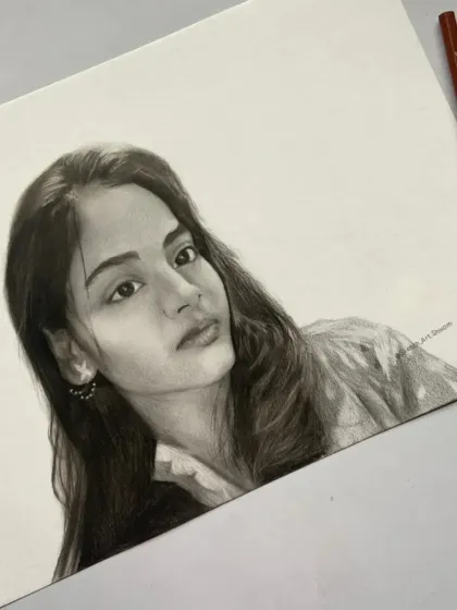 A close-up of the finished Lucknow portrait, highlighting the fine details in the eyes and hair.