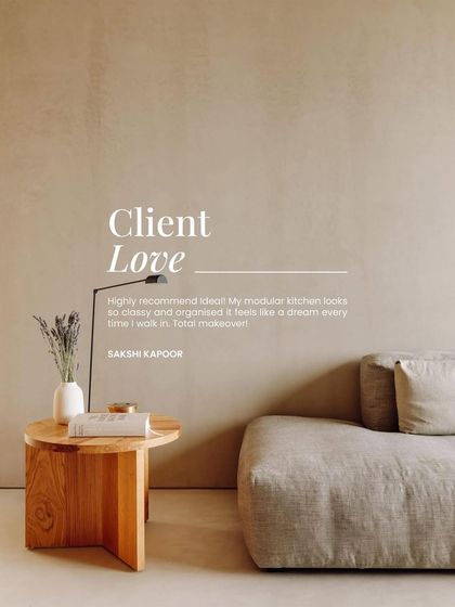 Another dream space, beautifully delivered. This image features a glowing testimonial from a happy client, reflecting our commitment to creating modular kitchens that look classy, feel organized, and transform a house into a home.