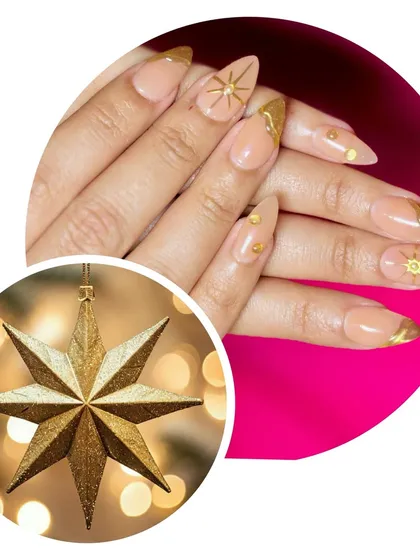 For a more subtle festive look, these nude extensions with gold tips and star accents are perfect. Elegant and celestial.