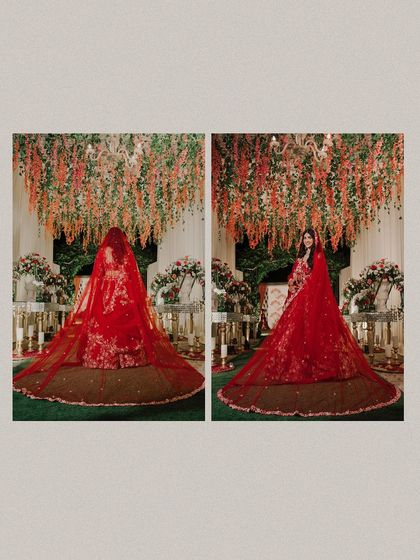 A diptych showing the bride's grand red lehenga with its long, dramatic veil. These shots from the back and side showcase the scale and beauty of her bridal attire.