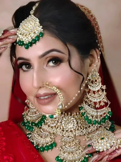 A stunning red and green chandbali-style bridal set. This heavy jewellery is perfect for making a statement on your wedding day.